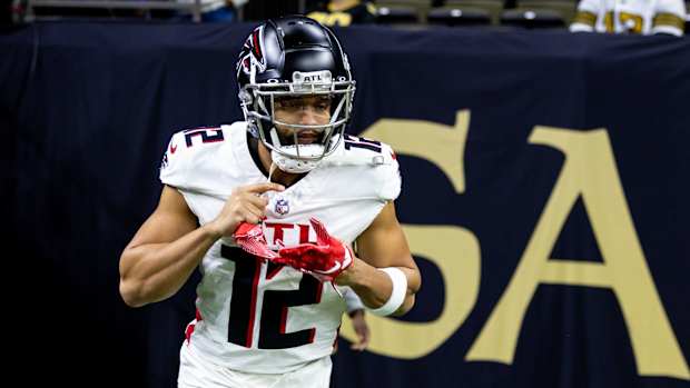 Jan 7, 2024; New Orleans, Louisiana, USA; Atlanta Falcons wide receiver KhaDarel Hodge (12) during warmups against the New Orleans Saints at Caesars Superdome.
